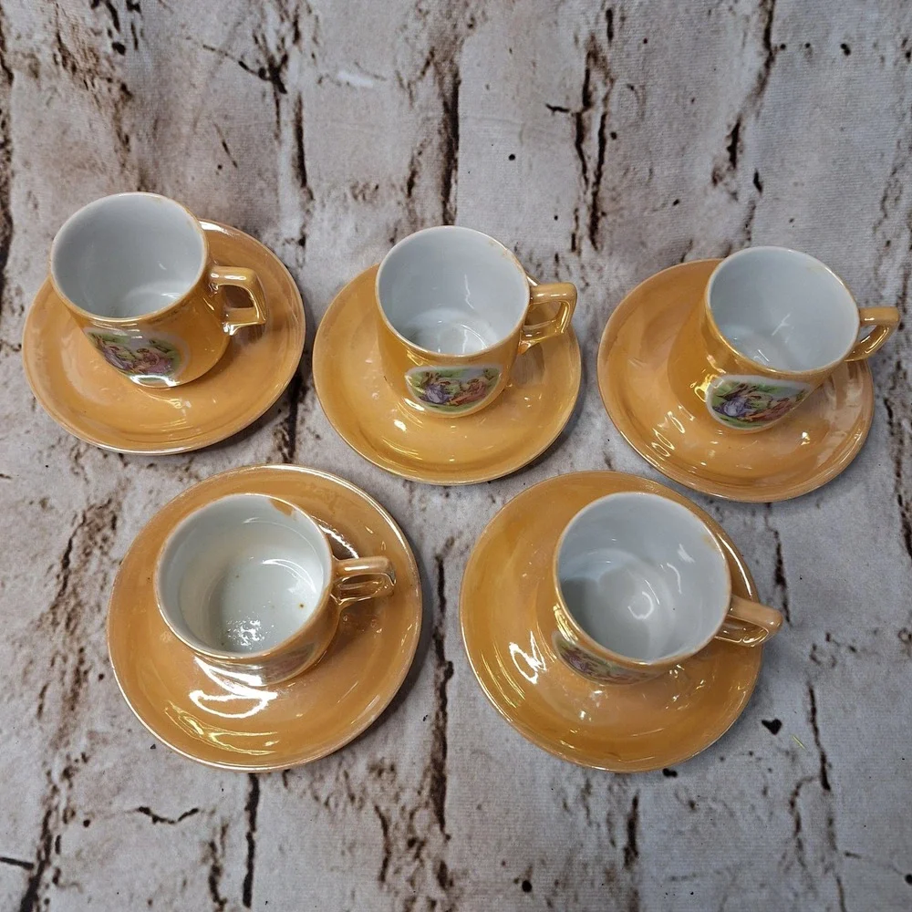 Vintage Japan Lusterware Demitasse Set 5 Cups Saucers Peach Iridescent Classical